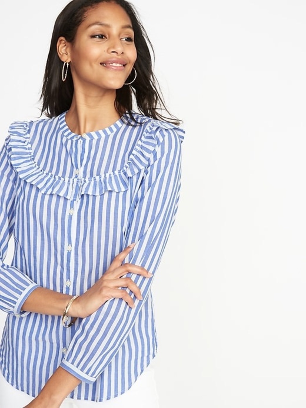 Old Navy Relaxed Ruffle-Trim Striped Button-Front Top